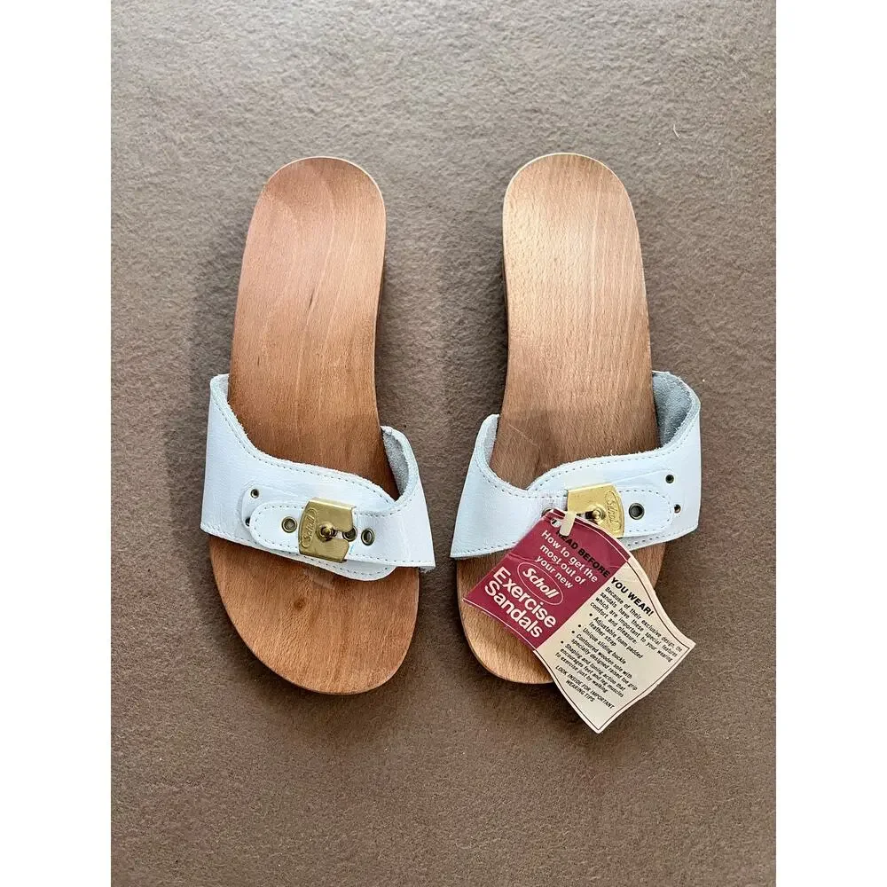 Dr. Scholl's "Old Stock" Vintage Brand New Wooden White Leather Sandals Size 8 - Picture 7 of 10